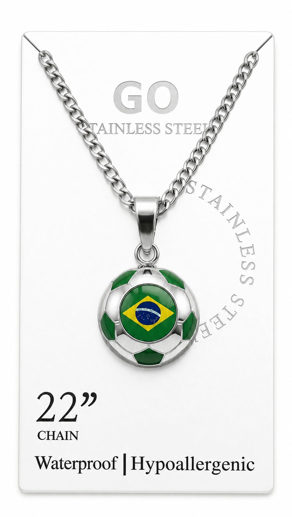 Brazil gold soccer necklace on display card