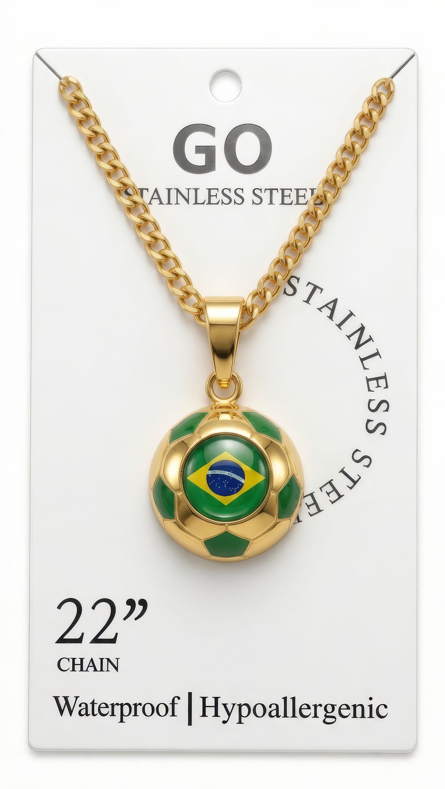 Brazil gold soccer necklace on display card