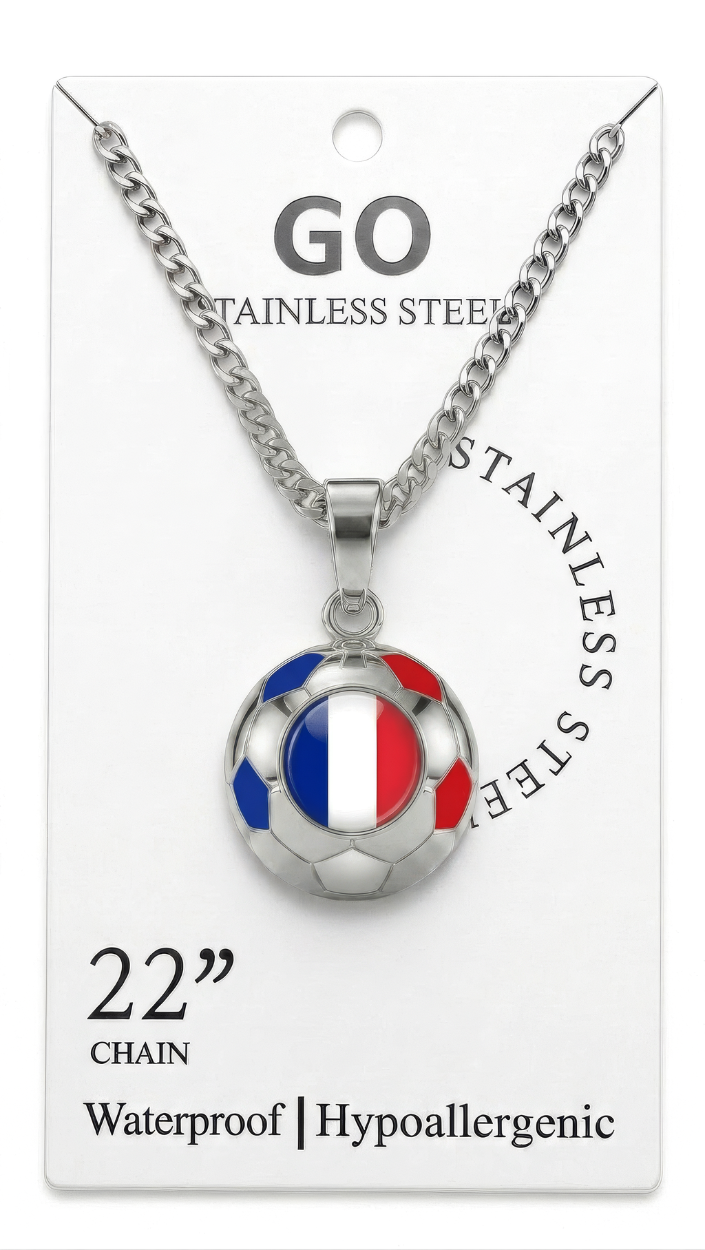 France stainless steel soccer necklace on display card