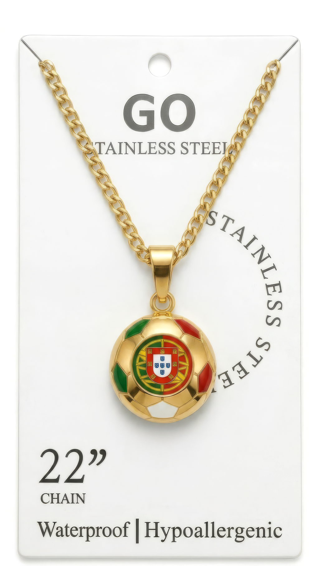 Portugal gold soccer necklace on display card