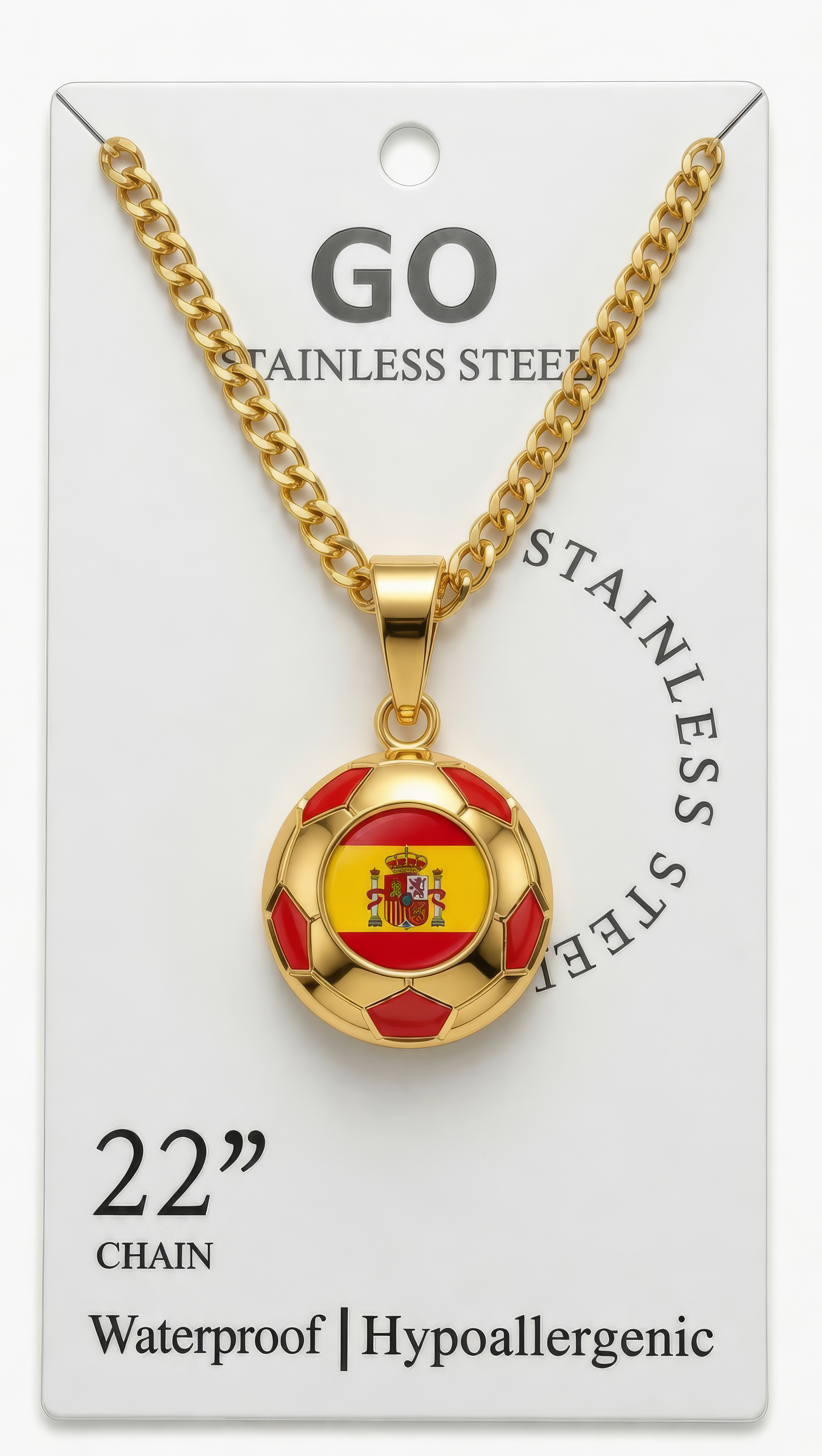 Spain gold soccer necklace on display card