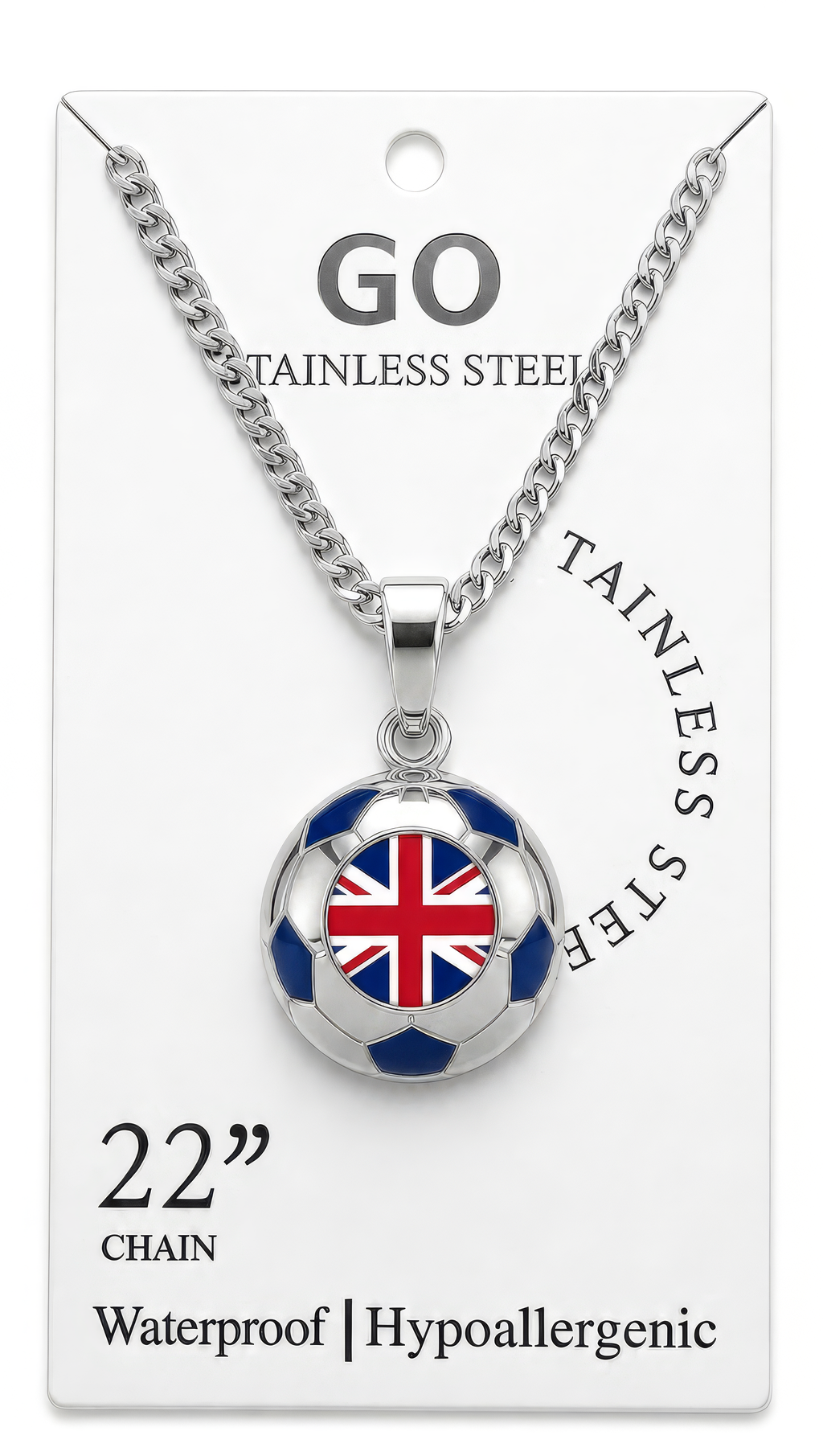United Kingdom stainless steel soccer necklace on display card