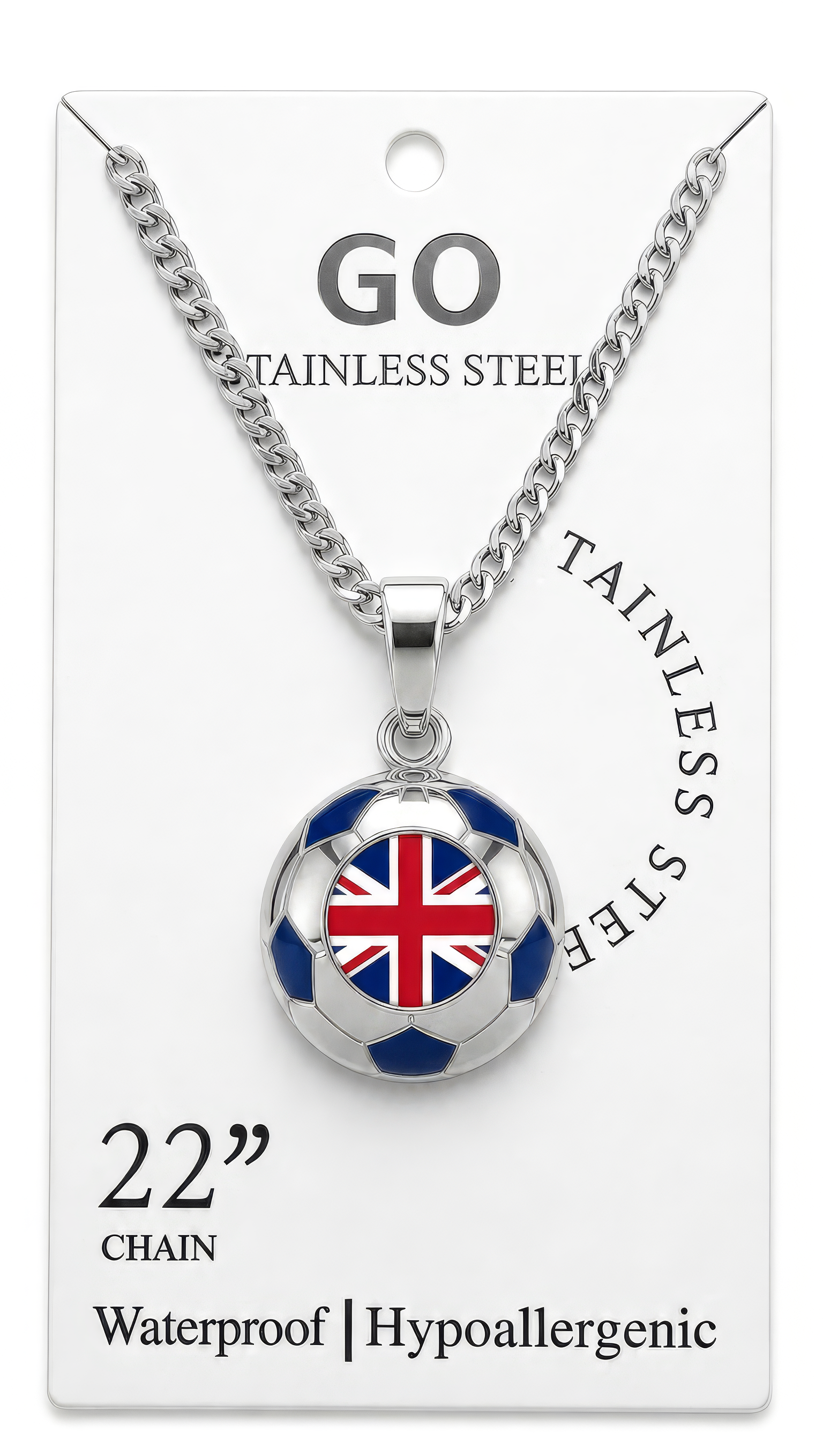 United Kingdom stainless steel soccer necklace on display card
