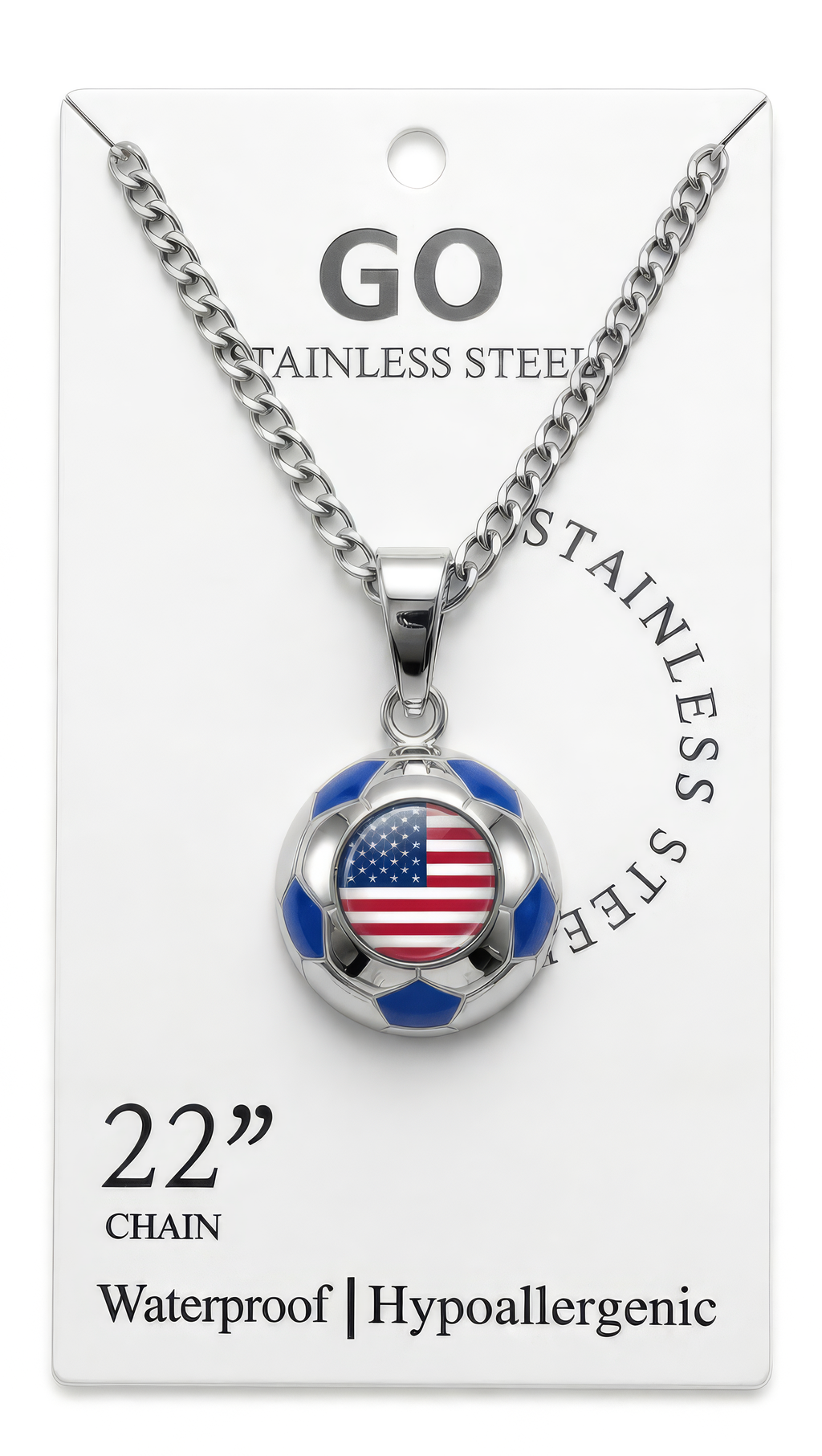 USA stainless steel soccer necklace on display card
