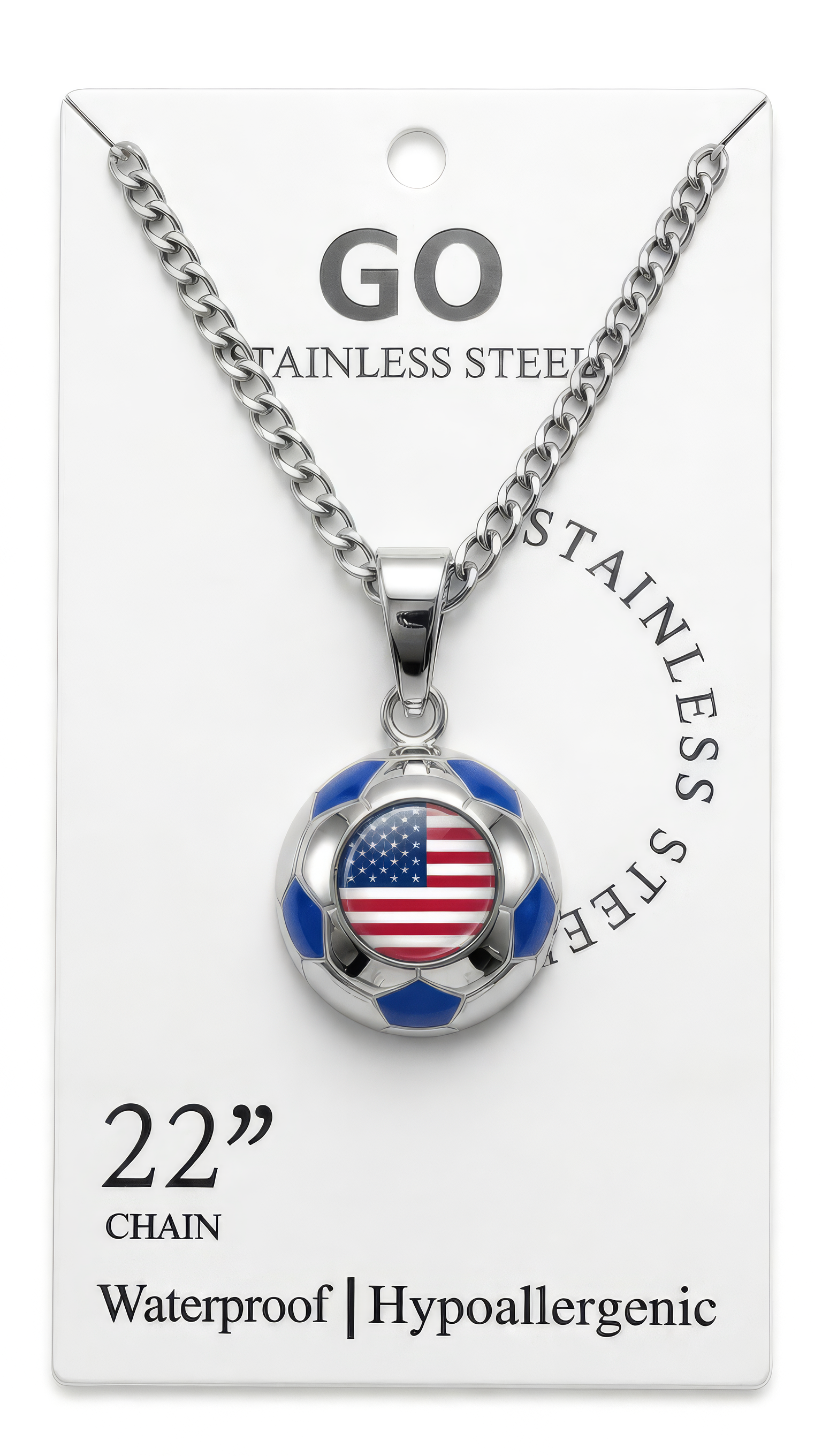 USA stainless steel soccer necklace on display card